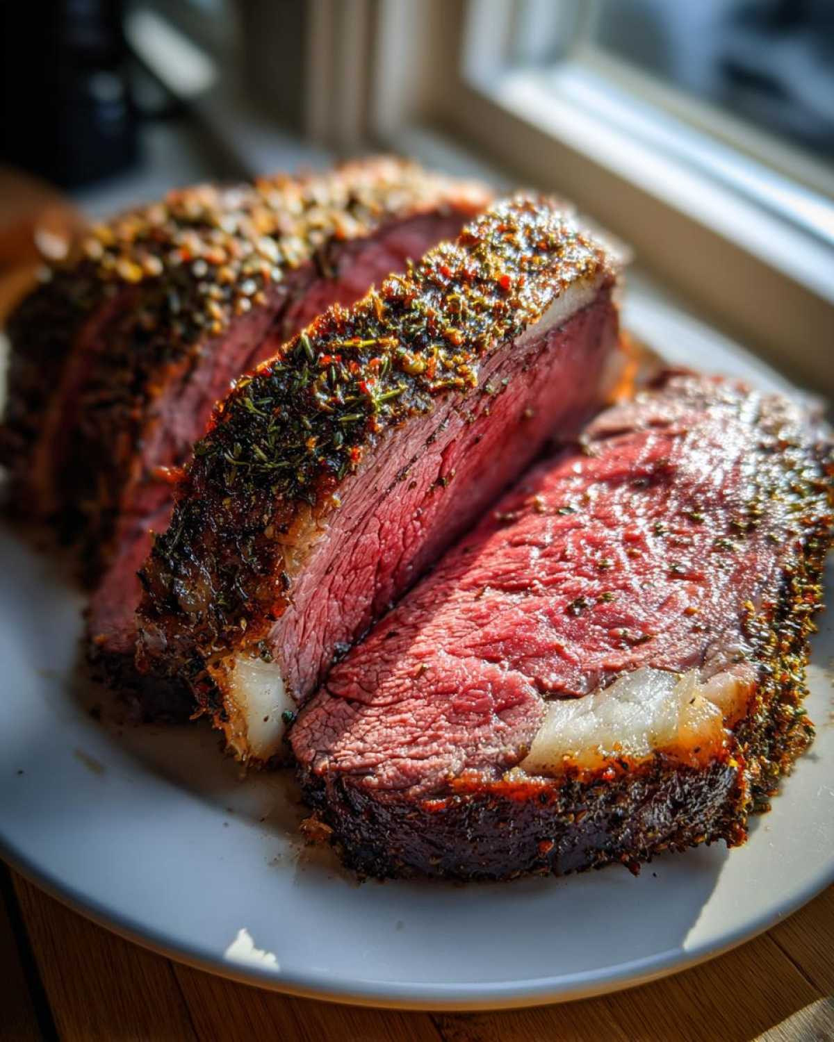 Close-up of a perfectly cooked, medium-rare rib roast, sliced to show the pink interior and dark herb crust.