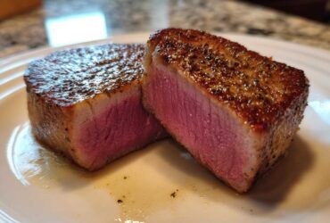 Two thick slices of perfectly seared tuna steak, showing a bright pink, medium-rare interior, seasoned with pepper.