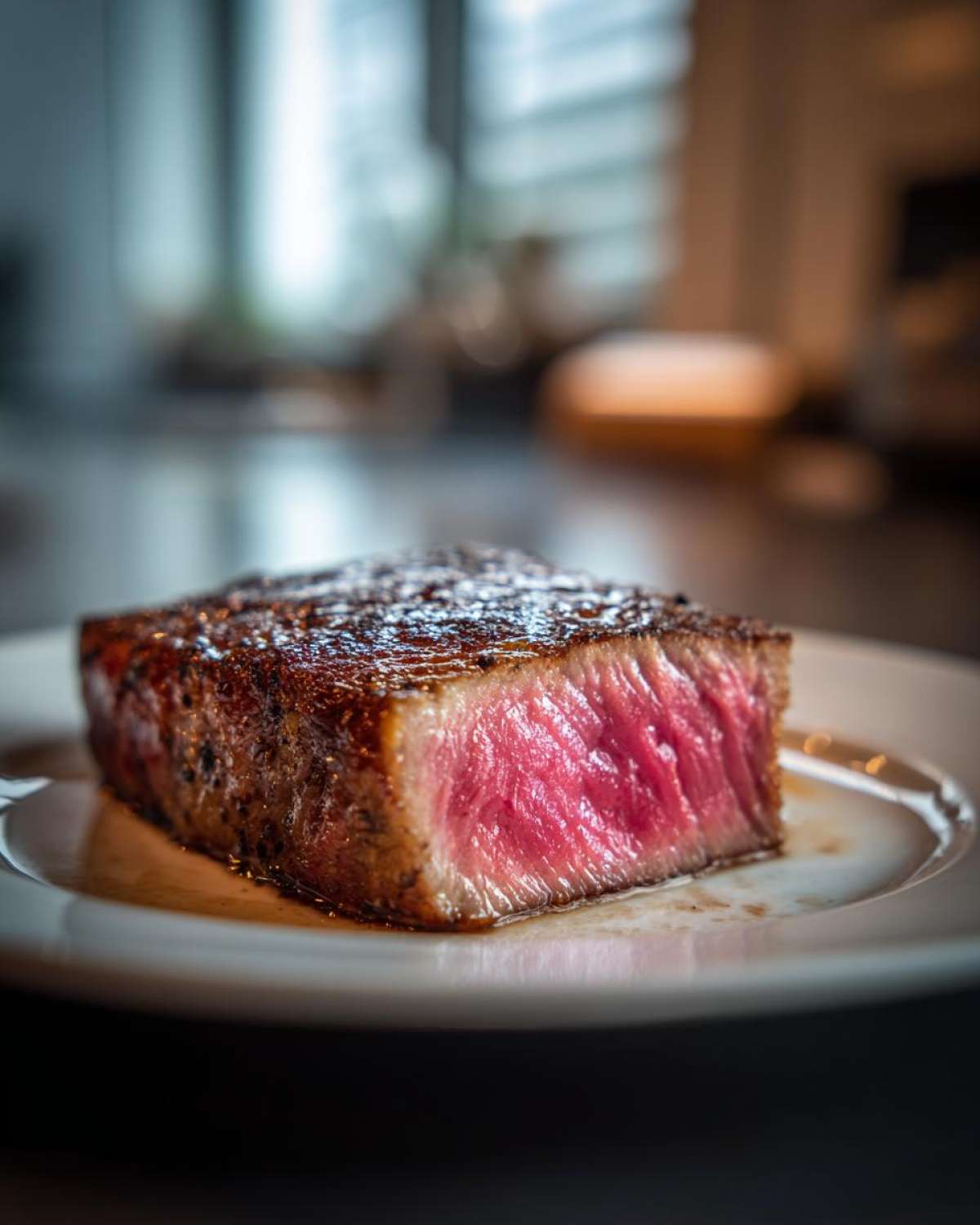 Close-up of a perfectly seared steak cooked medium-rare, resting on a white plate, illustrating the result of a good marinade for tuna steak.