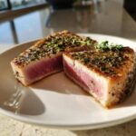 Two perfectly seared tuna steak halves showing a rare pink center, seasoned with herbs, ideal for a MARINADE FOR TUNA STEAK.