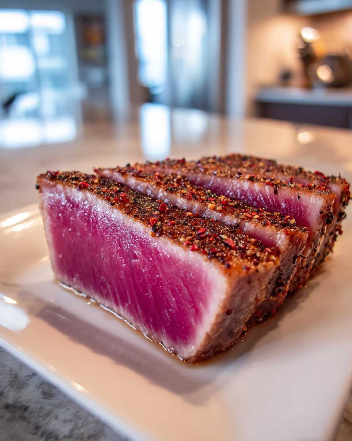 Three thick slices of rare, seared tuna steak crusted with peppercorns, perfect for a MARINADE FOR TUNA STEAK recipe.