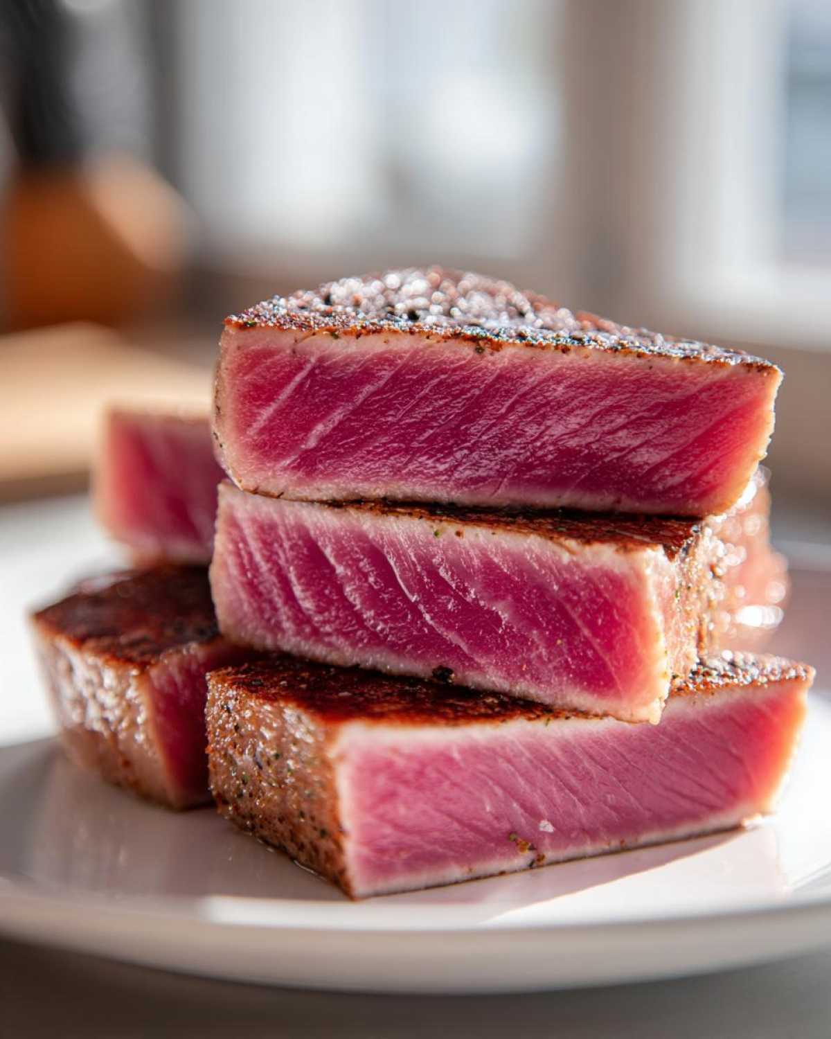 Stack of perfectly seared tuna steak pieces showing a rare, bright pink center, ideal for MARINADE FOR TUNA STEAK.