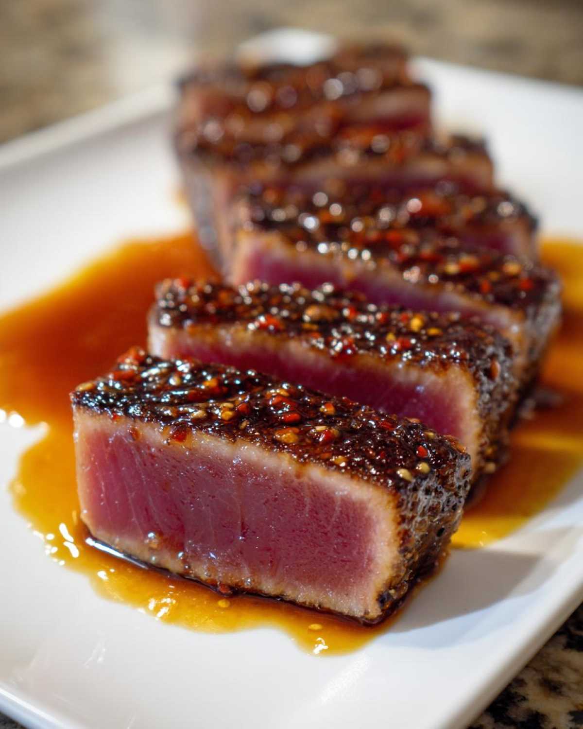 Close-up of perfectly seared and sliced Tuna steak, coated in a spicy sesame glaze and resting in sauce.