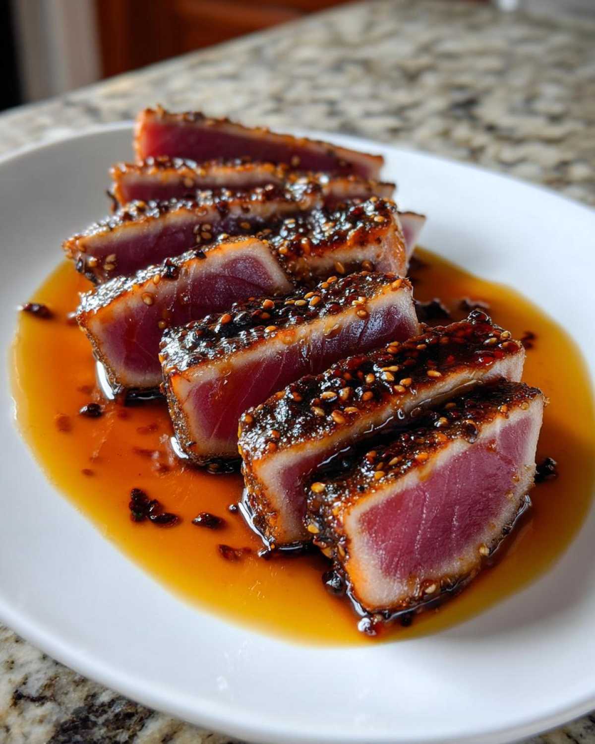 Slices of perfectly seared tuna steak, crusted with sesame seeds and resting in a savory glaze.