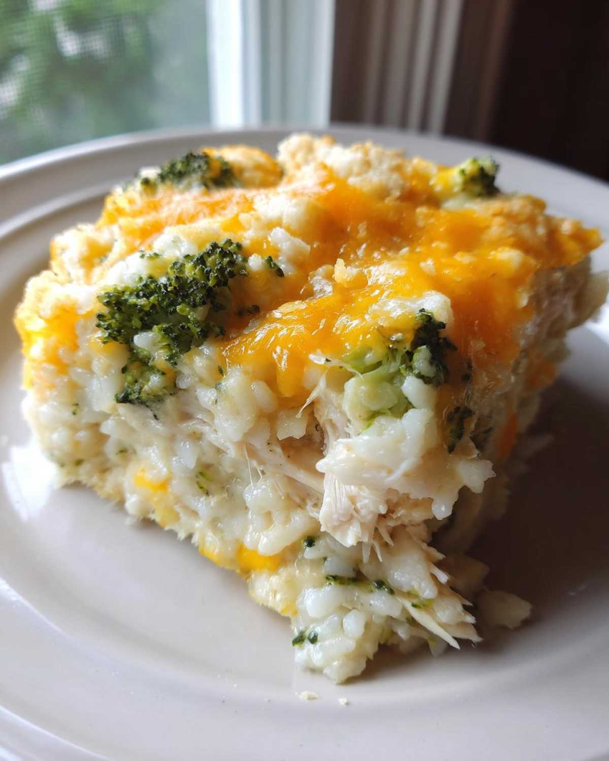 A close-up slice of creamy chicken broccoli rice casserole topped with melted cheddar cheese.