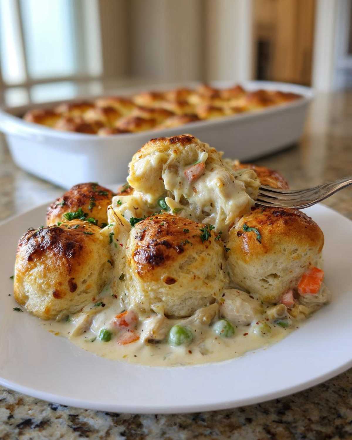 A serving of creamy chicken pot pie casserole topped with golden biscuits, being lifted by a fork.