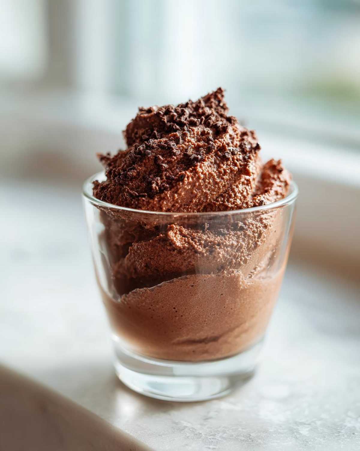 A single serving of rich, airy chocolate mousse topped with chocolate shavings in a small glass.