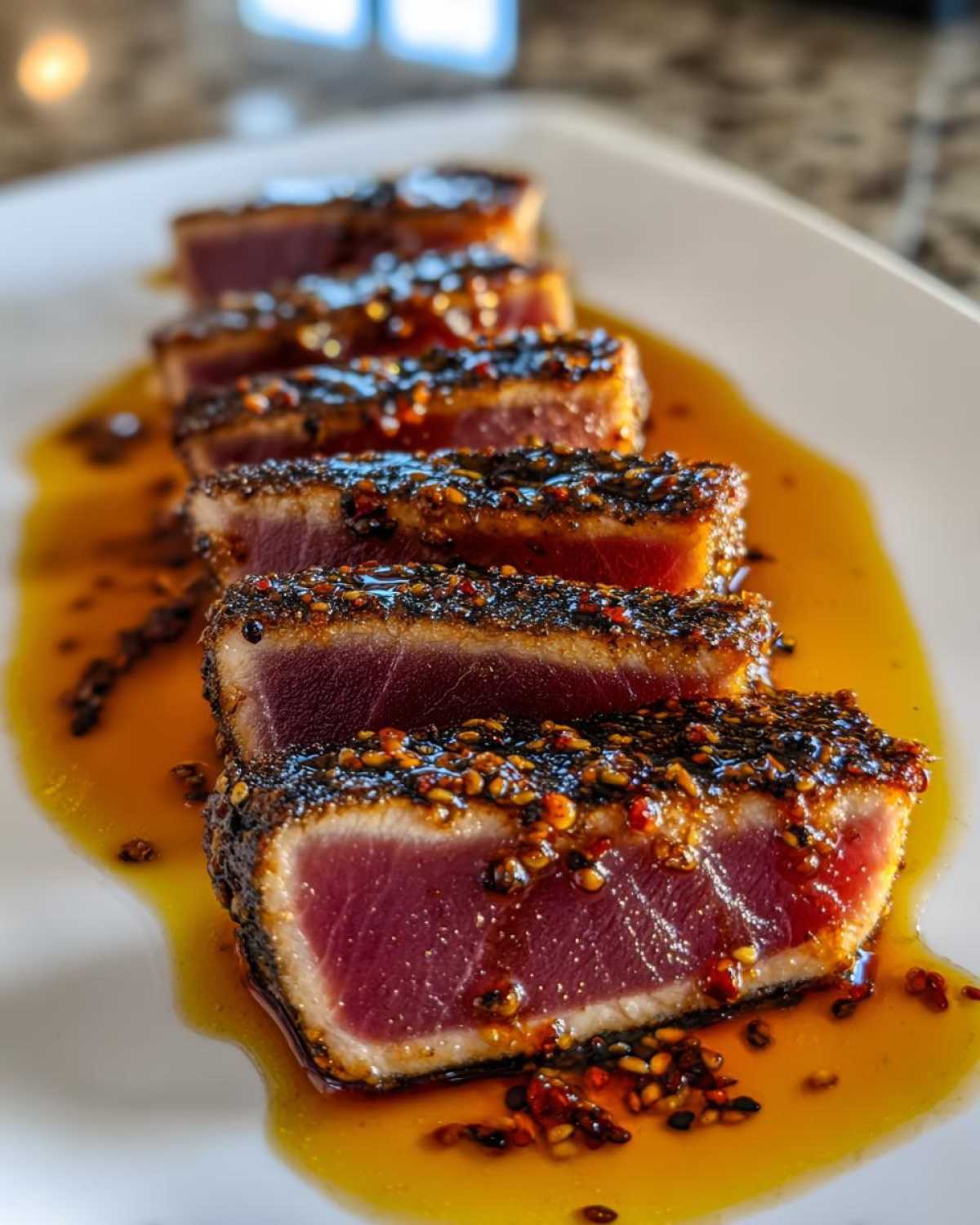Close-up of perfectly seared, sesame-crusted tuna steak slices showing a rare, deep red center.