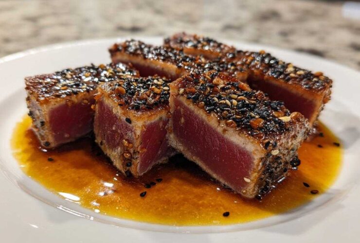 Close-up of perfectly seared sesame crusted tuna steak, sliced to show the rare red center, resting in sauce.