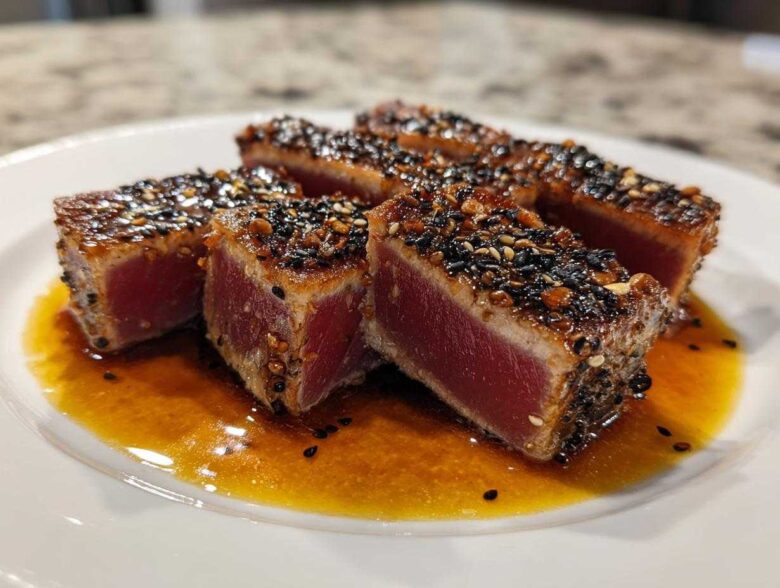 Close-up of perfectly seared sesame crusted tuna steak, sliced to show the rare red center, resting in sauce.