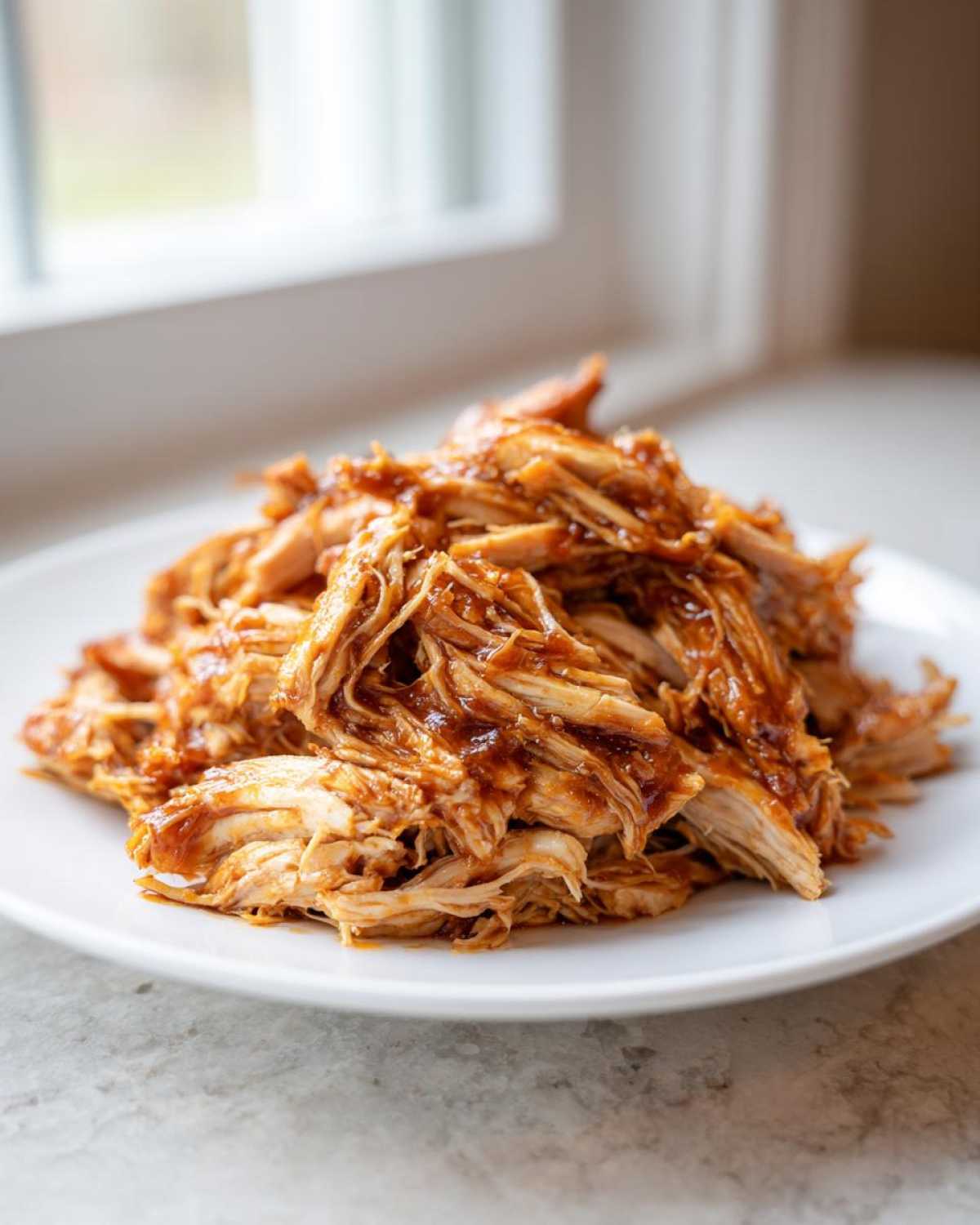 A pile of shredded crockpot teriyaki chicken coated in glossy sauce, served on a white plate.