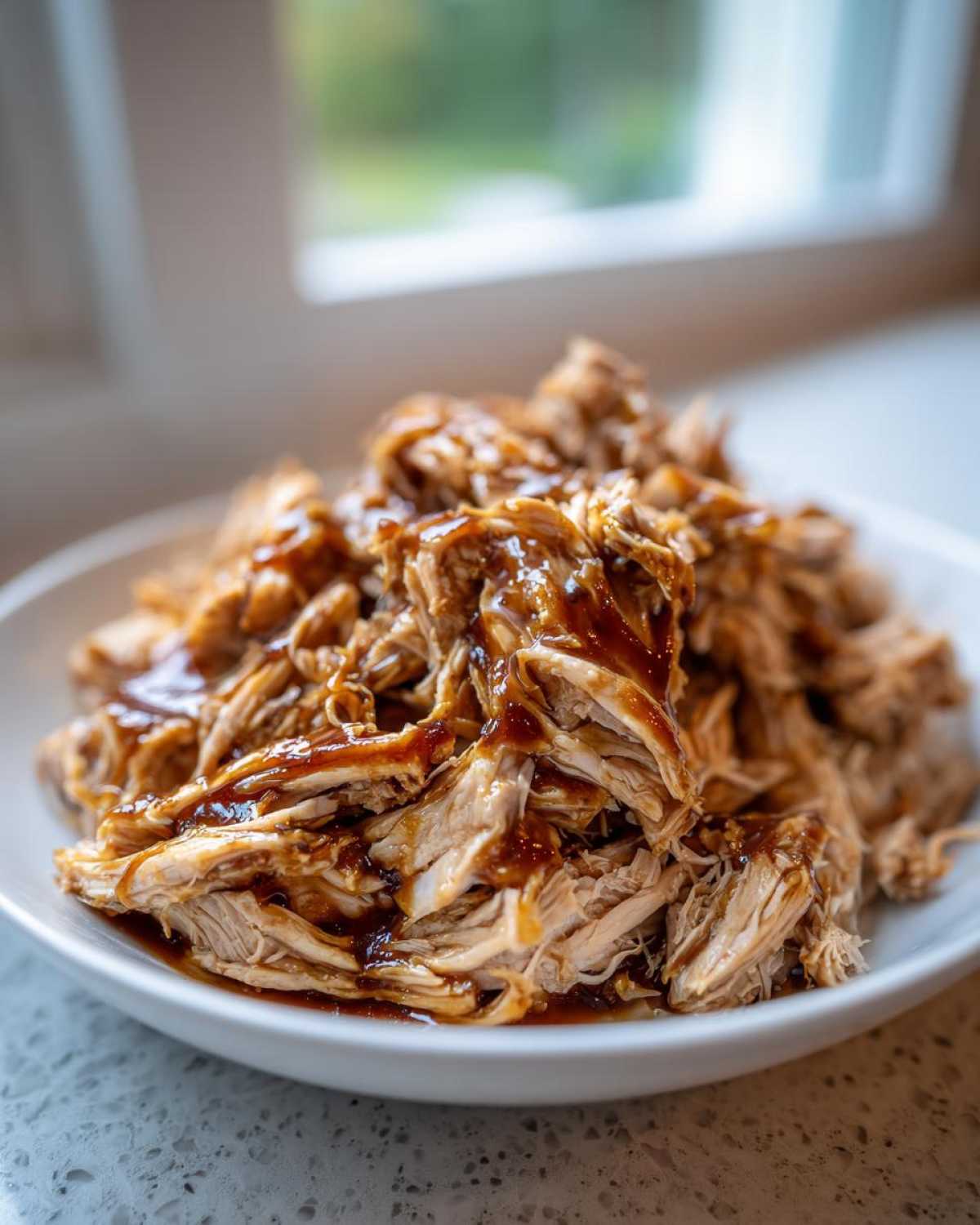 Close-up of tender, shredded crockpot teriyaki chicken drizzled with sticky sauce in a white bowl.