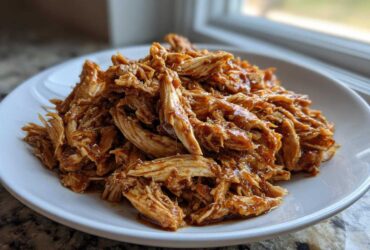 A mound of moist, shredded crockpot teriyaki chicken coated in a glossy sauce, served on a white plate.