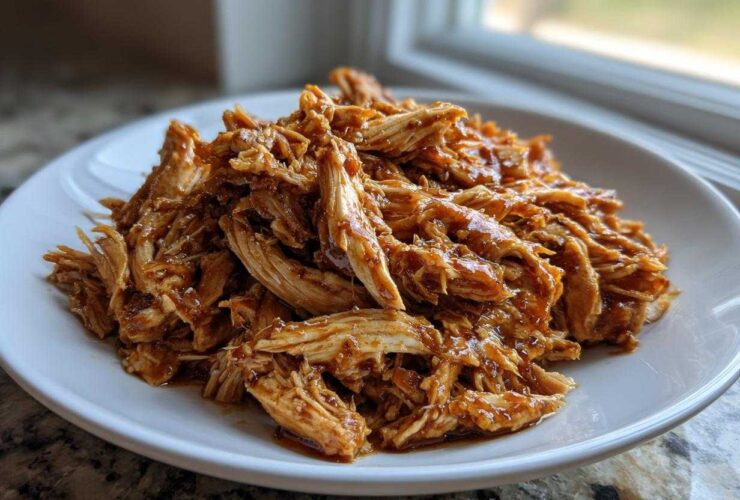 A mound of moist, shredded crockpot teriyaki chicken coated in a glossy sauce, served on a white plate.