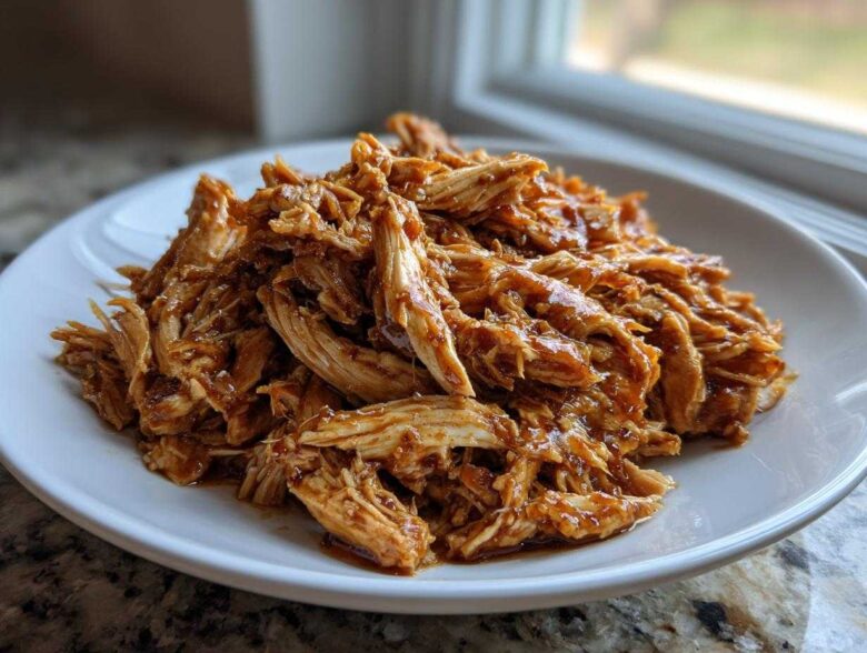 A mound of moist, shredded crockpot teriyaki chicken coated in a glossy sauce, served on a white plate.
