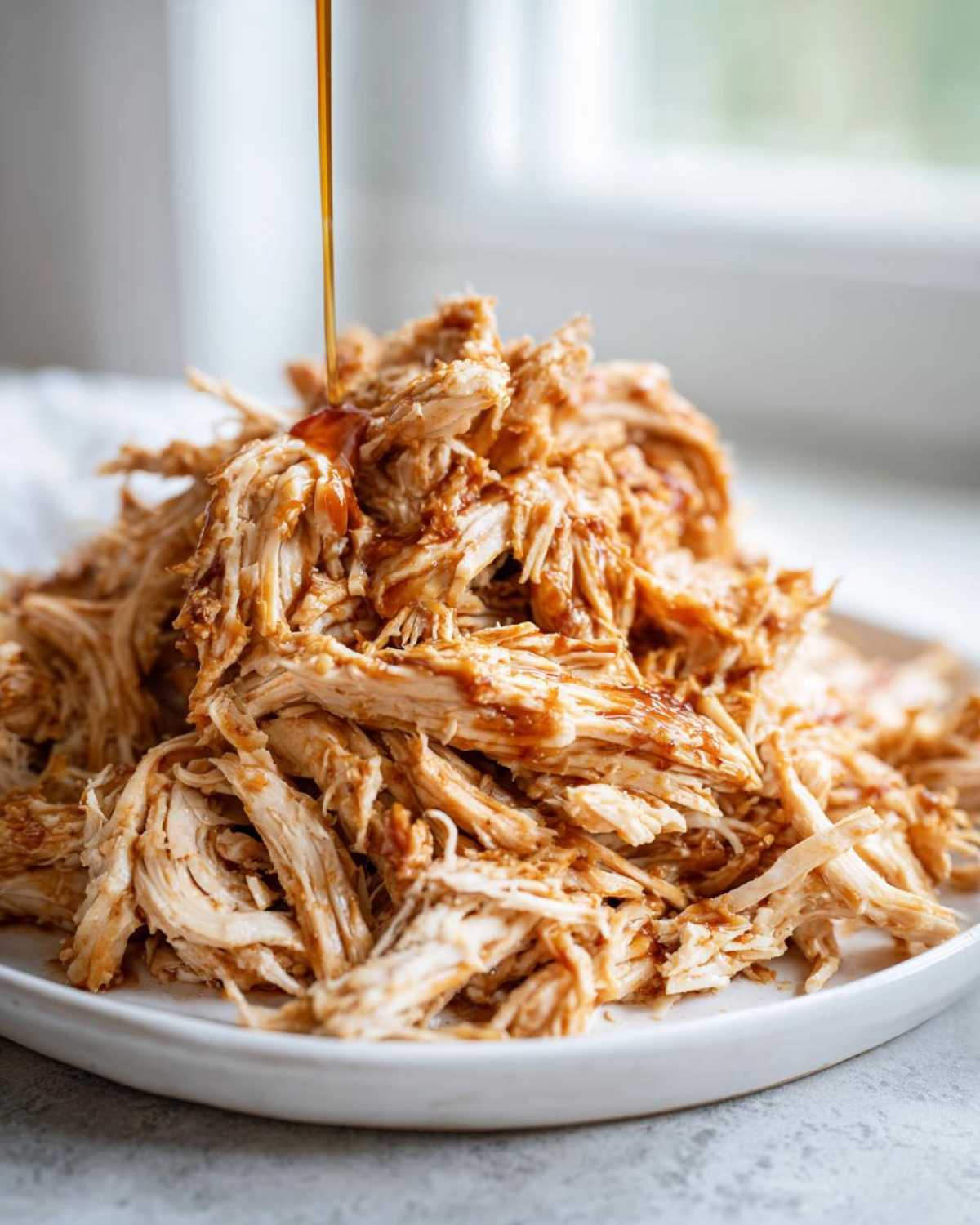 A pile of shredded crockpot teriyaki chicken on a white plate being drizzled with extra teriyaki sauce.