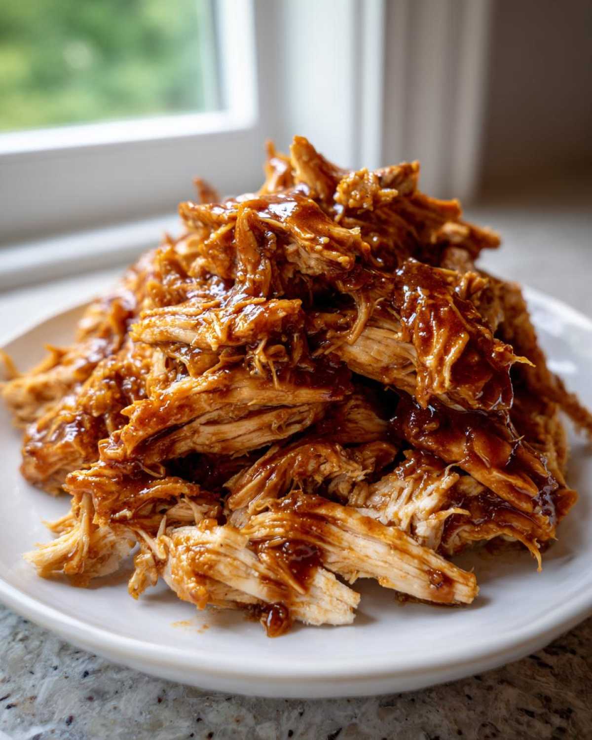 Close-up of shredded crockpot teriyaki chicken piled high on a white plate, glistening with sauce.