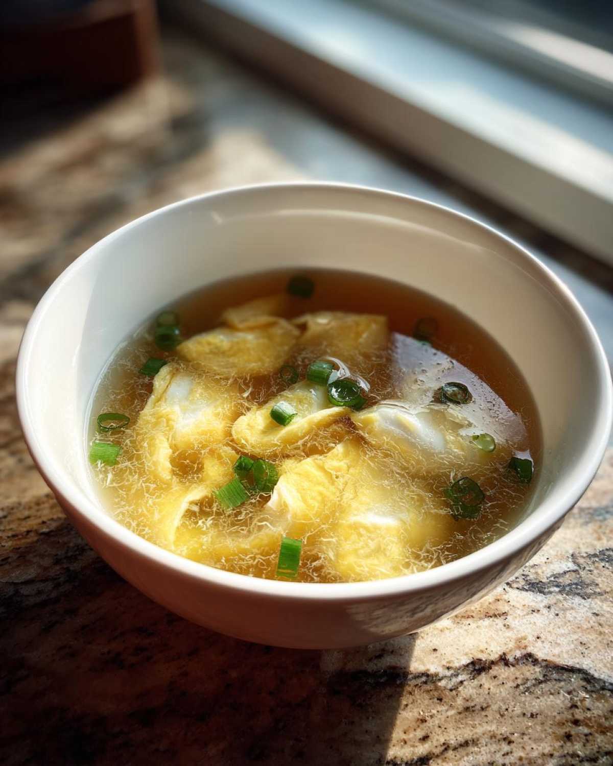 Close-up of a white bowl filled with silky egg drop soup garnished with chopped green onions.