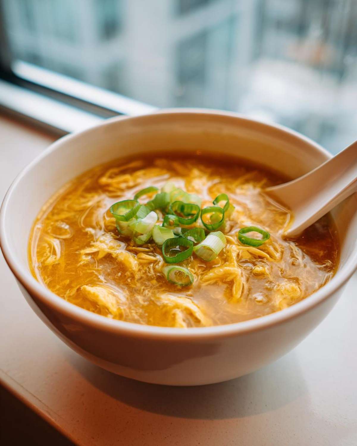 Close-up of a bowl of silky egg drop soup, topped with fresh sliced green onions.