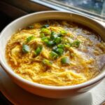 Close-up of a bowl of silky egg drop soup with wispy cooked egg ribbons and fresh chopped green onions on top.
