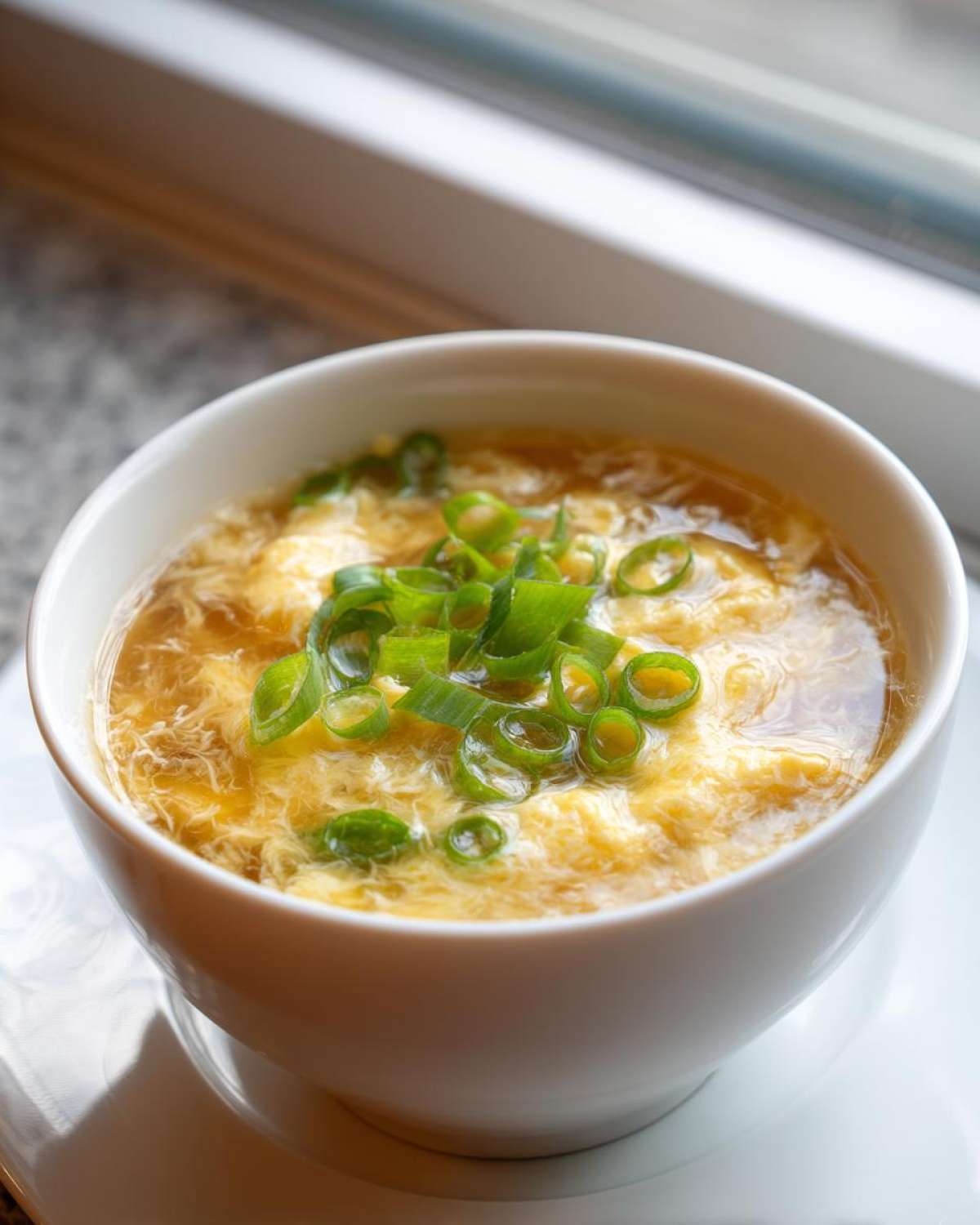 Close-up of a white bowl filled with silky egg drop soup, topped generously with bright green sliced scallions.