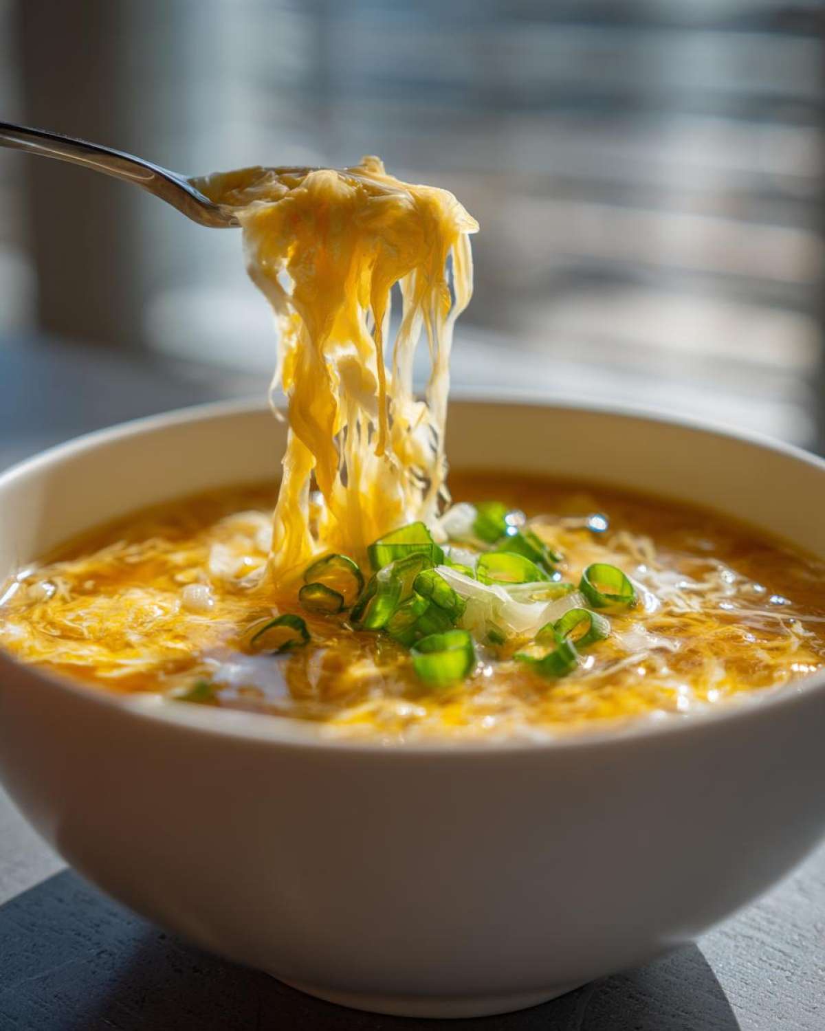 A fork lifts silky strands of egg drop soup from a white bowl garnished with green onions.