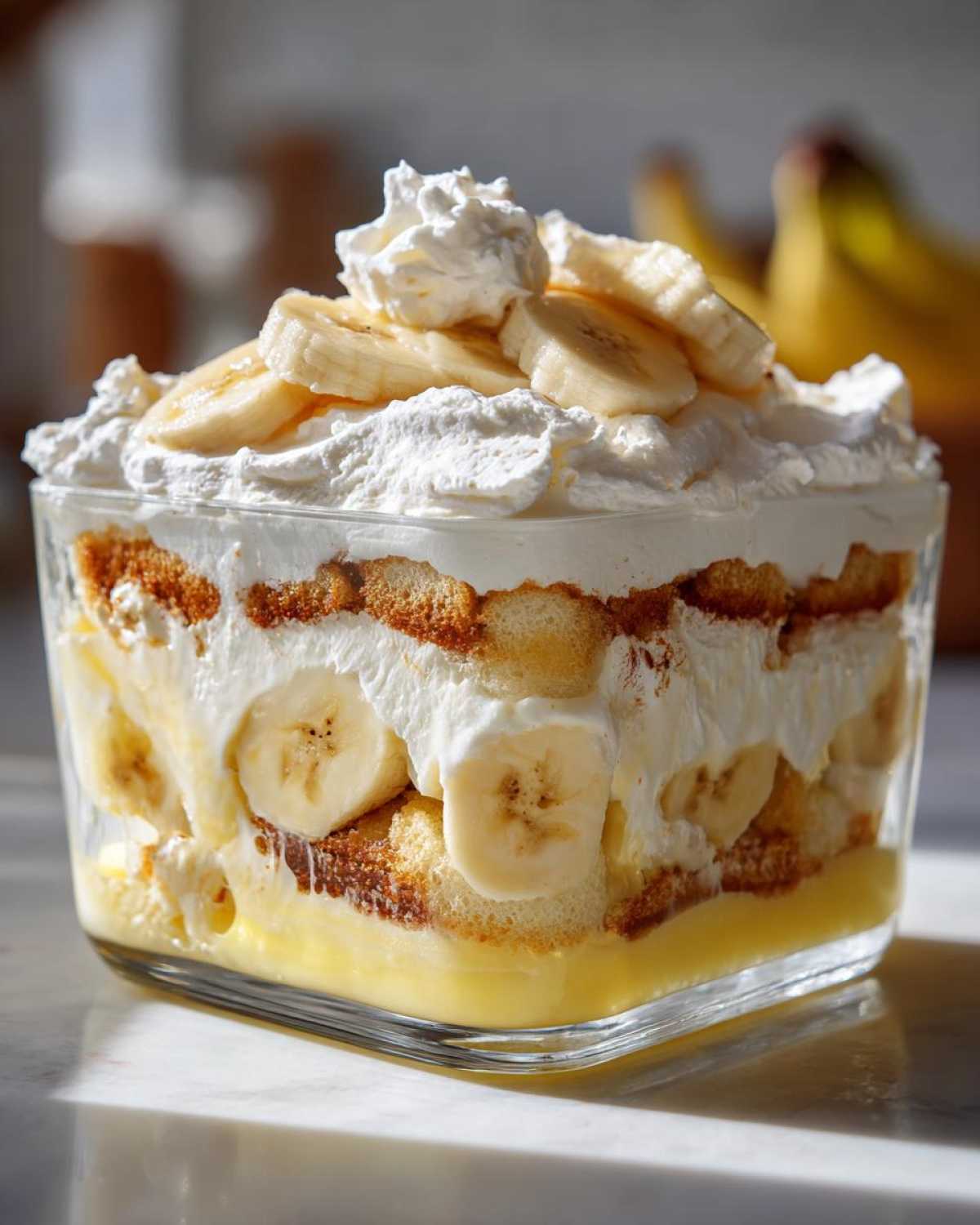 Close-up of a layered banana pudding dessert in a glass dish, topped with whipped cream and fresh banana slices.