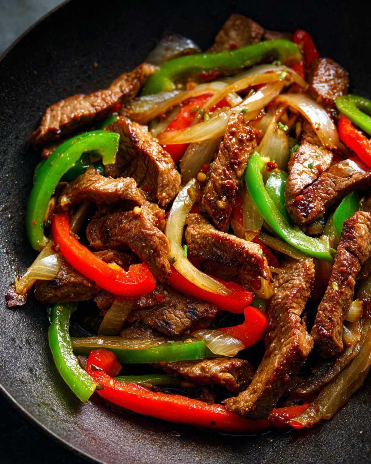 Close-up of seasoned steak fajitas cooking with vibrant red and green bell peppers and onions in a dark skillet.