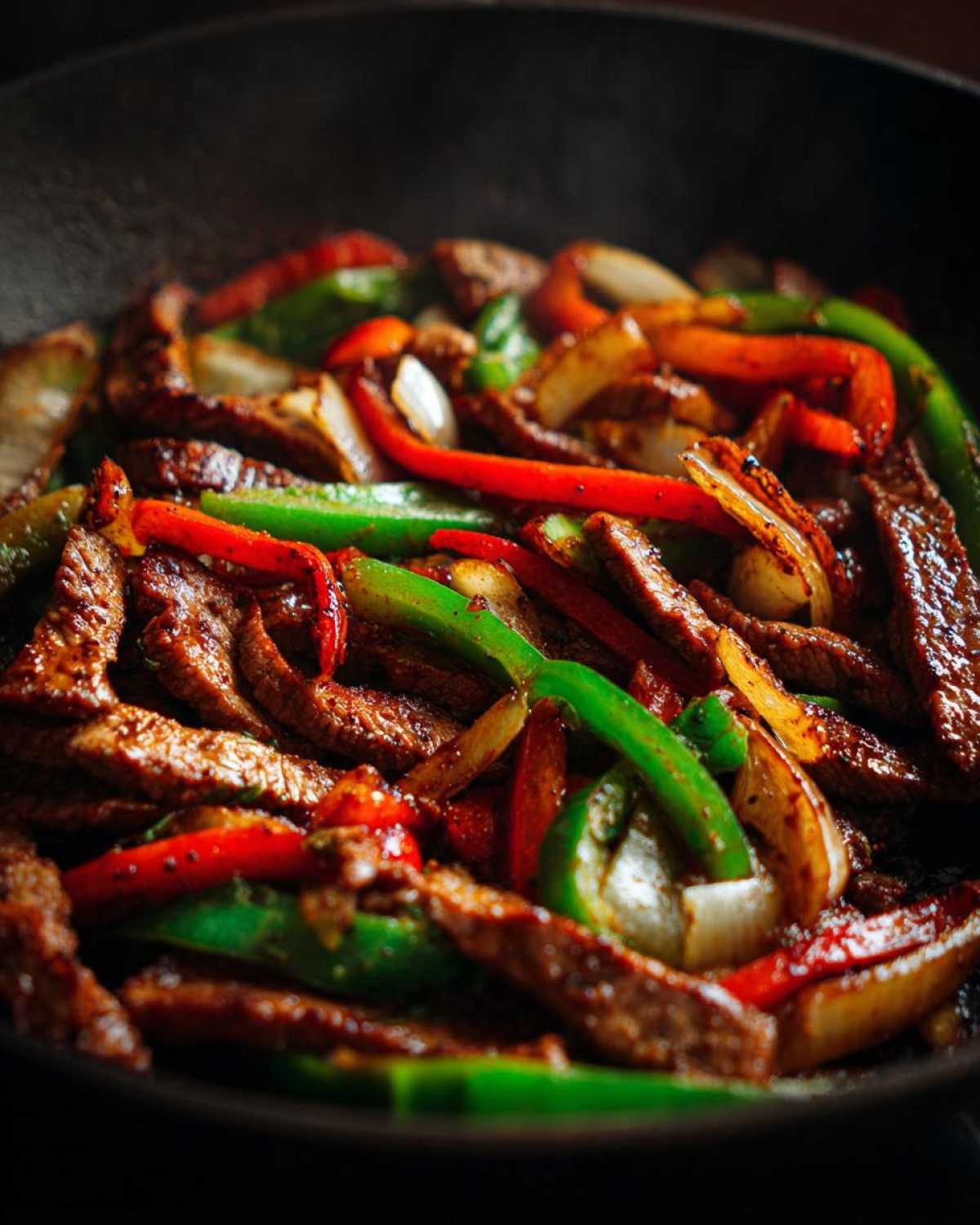 Close-up of sizzling steak fajitas with colorful bell peppers and onions cooking in a dark skillet.