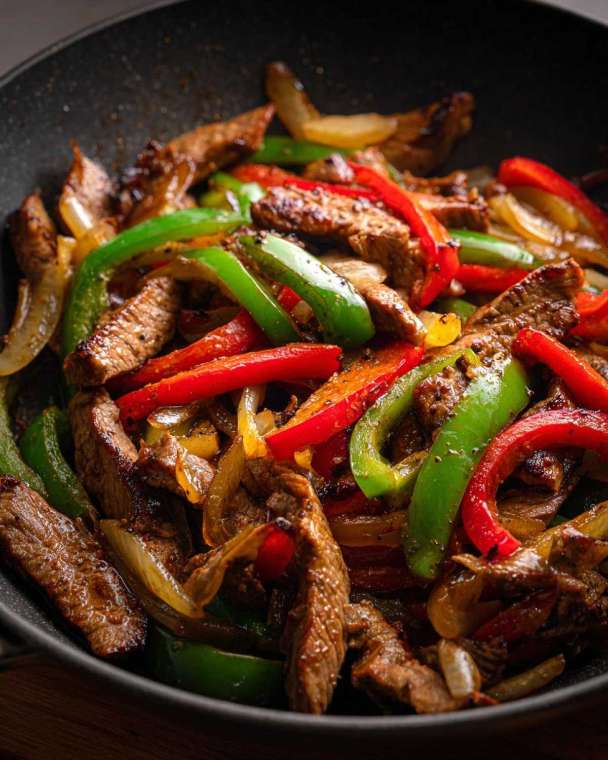 Close-up of sizzling steak fajitas with strips of seared beef, red and green bell peppers, and onions in a dark skillet.