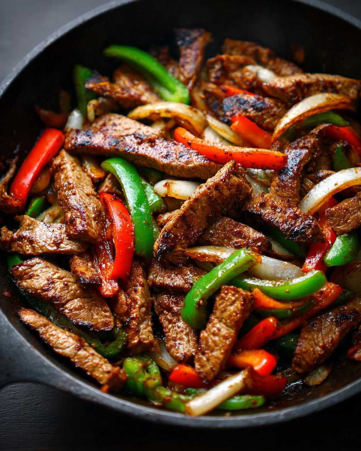 Close-up of sizzling steak fajitas with strips of seasoned beef, green peppers, red peppers, and onions cooking in a cast iron skillet.