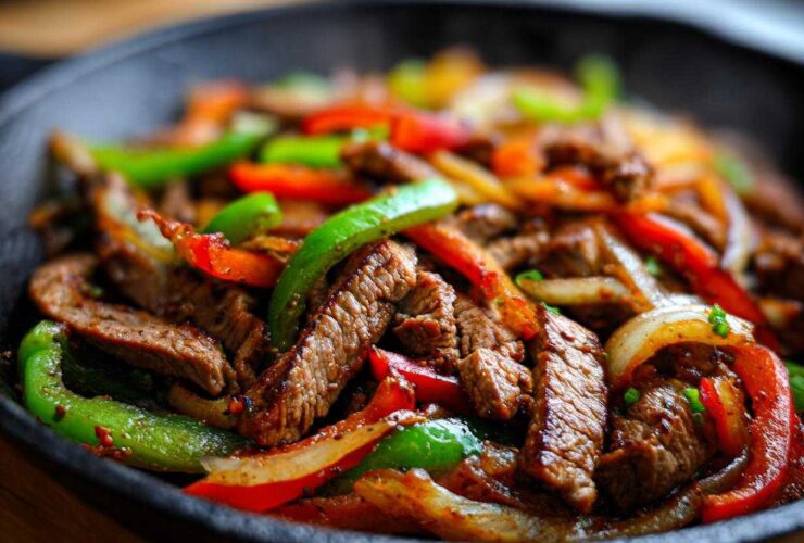 Close-up of sizzling steak fajitas with colorful bell peppers and onions served in a black cast iron skillet.
