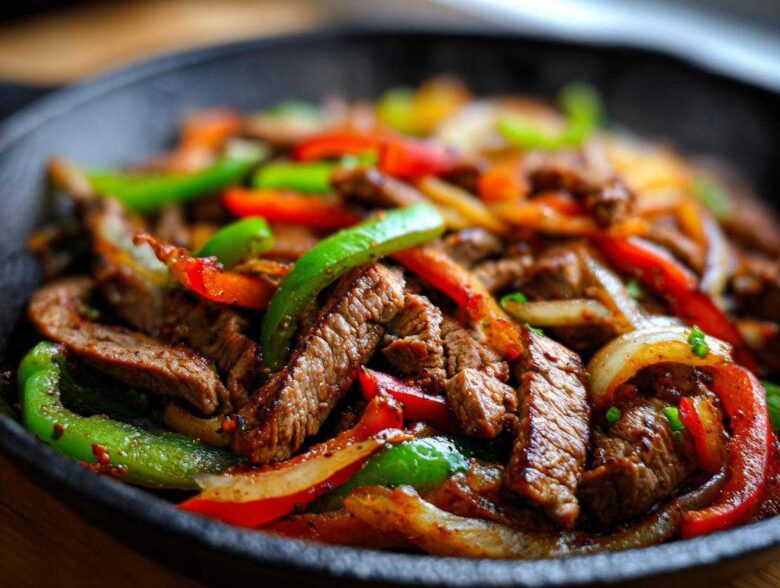 Close-up of sizzling steak fajitas with colorful bell peppers and onions served in a black cast iron skillet.