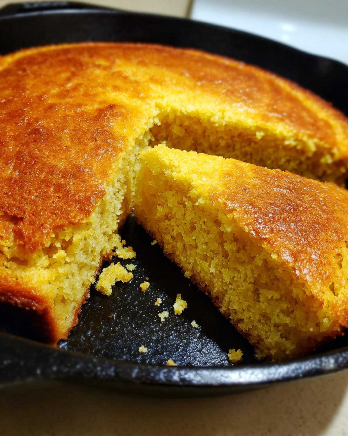 A golden brown, perfectly baked skillet cornbread with one wedge slice pulled out, showing the crumb texture.