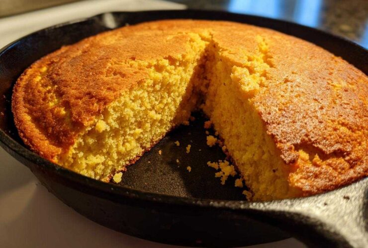 A golden brown, freshly baked skillet cornbread with one wedge cut out, showing the crumb texture.