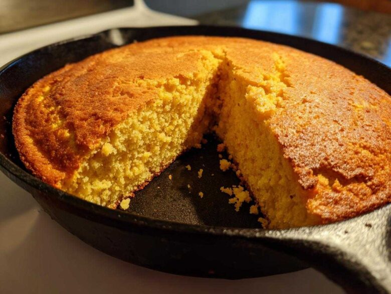 A golden brown, freshly baked skillet cornbread with one wedge cut out, showing the crumb texture.