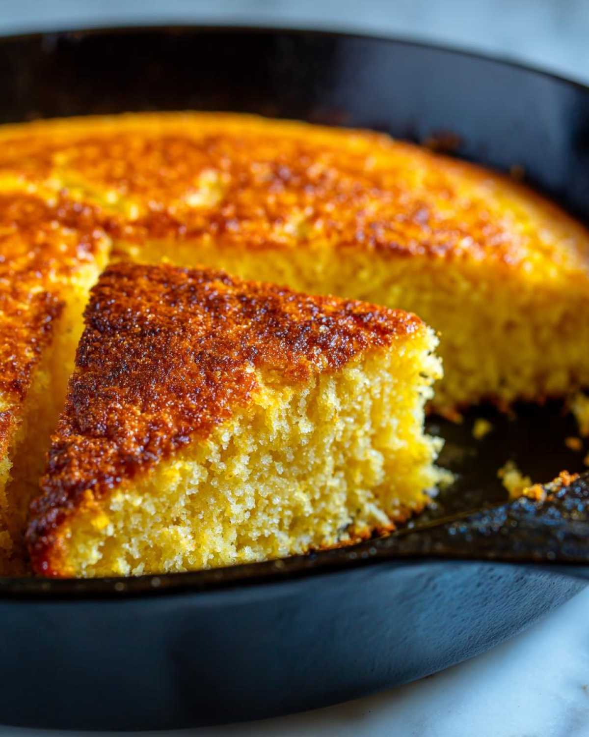 Close-up of a slice of golden skillet cornbread being lifted from the cast iron pan.