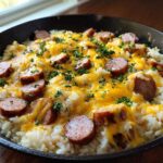 Close-up of a skillet filled with creamy rice, topped with sliced sausage, melted cheddar cheese, and fresh parsley.