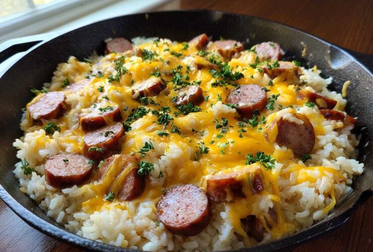 Close-up of a skillet filled with creamy rice, topped with sliced sausage, melted cheddar cheese, and fresh parsley.
