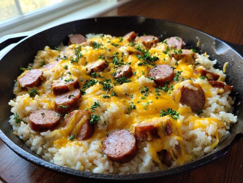 Close-up of a skillet filled with creamy rice, topped with sliced sausage, melted cheddar cheese, and fresh parsley.