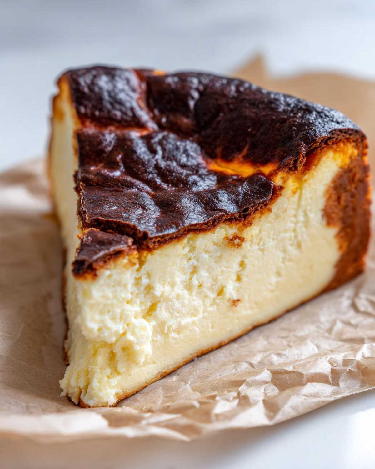 A close-up of a creamy slice of Basque cheesecake featuring its signature dark, caramelized top.