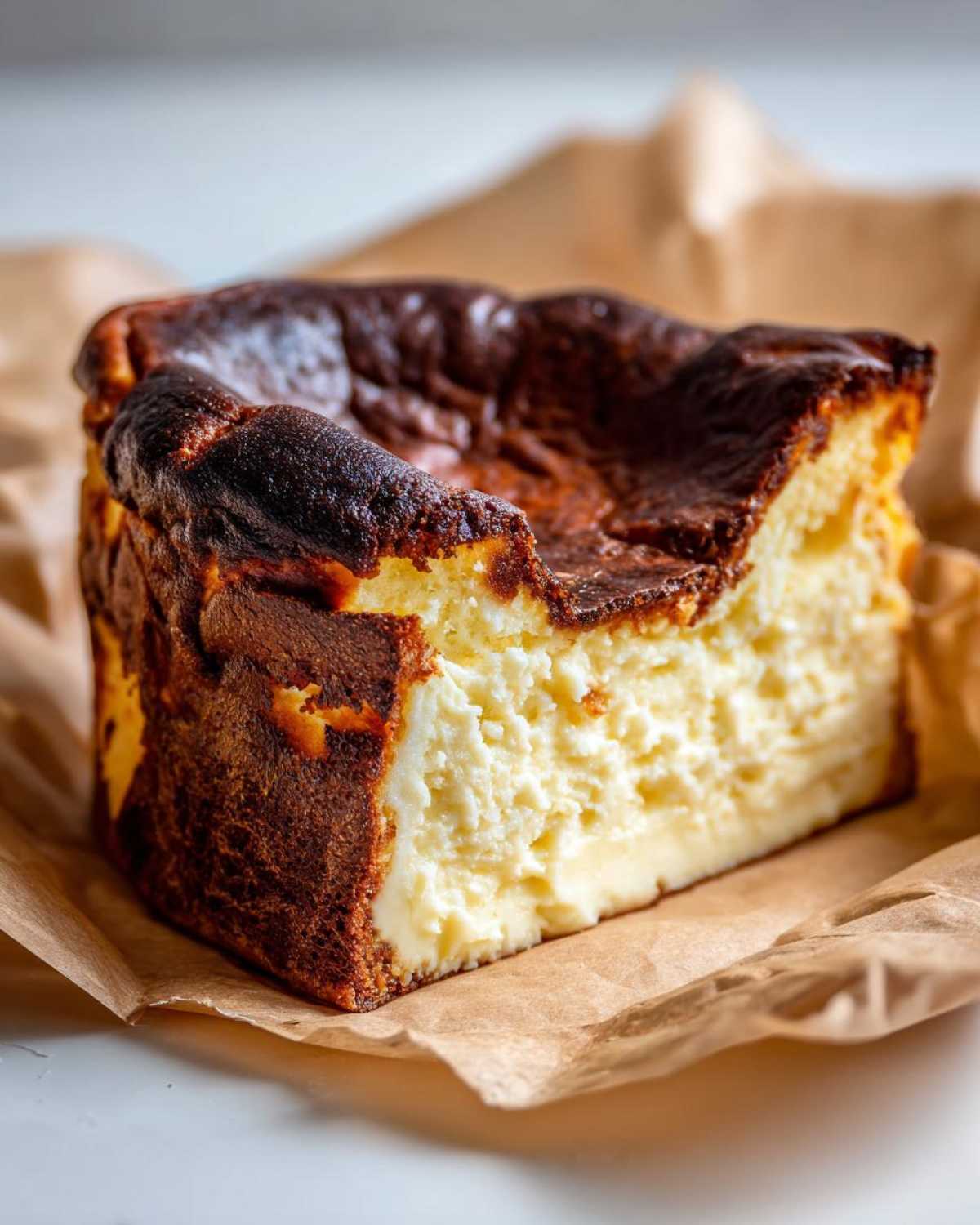 A close-up of a thick slice of Basque cheesecake showing its creamy interior and signature dark, caramelized top.