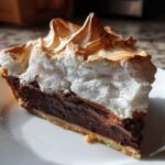 A perfect slice of chocolate meringue pie showing the crust, rich chocolate filling, and tall, toasted meringue topping.
