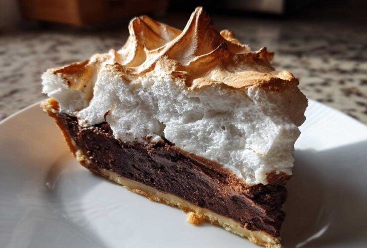 A perfect slice of chocolate meringue pie showing the crust, rich chocolate filling, and tall, toasted meringue topping.