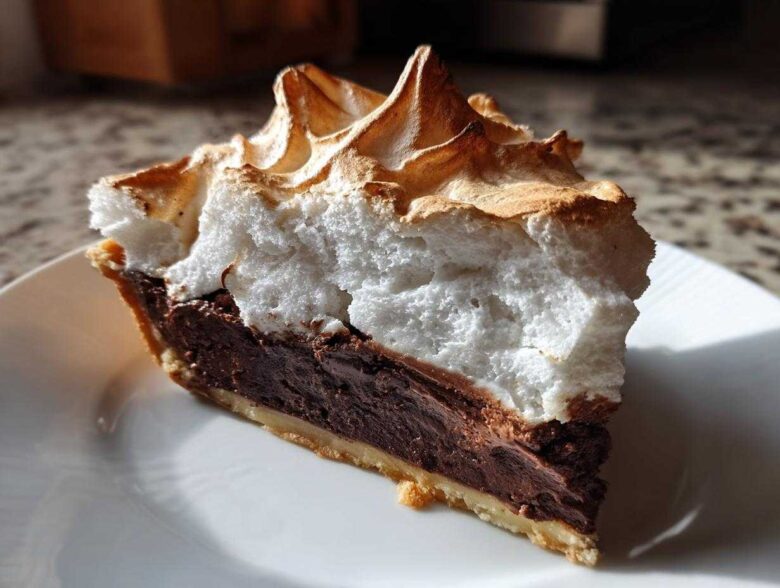 A perfect slice of chocolate meringue pie showing the crust, rich chocolate filling, and tall, toasted meringue topping.