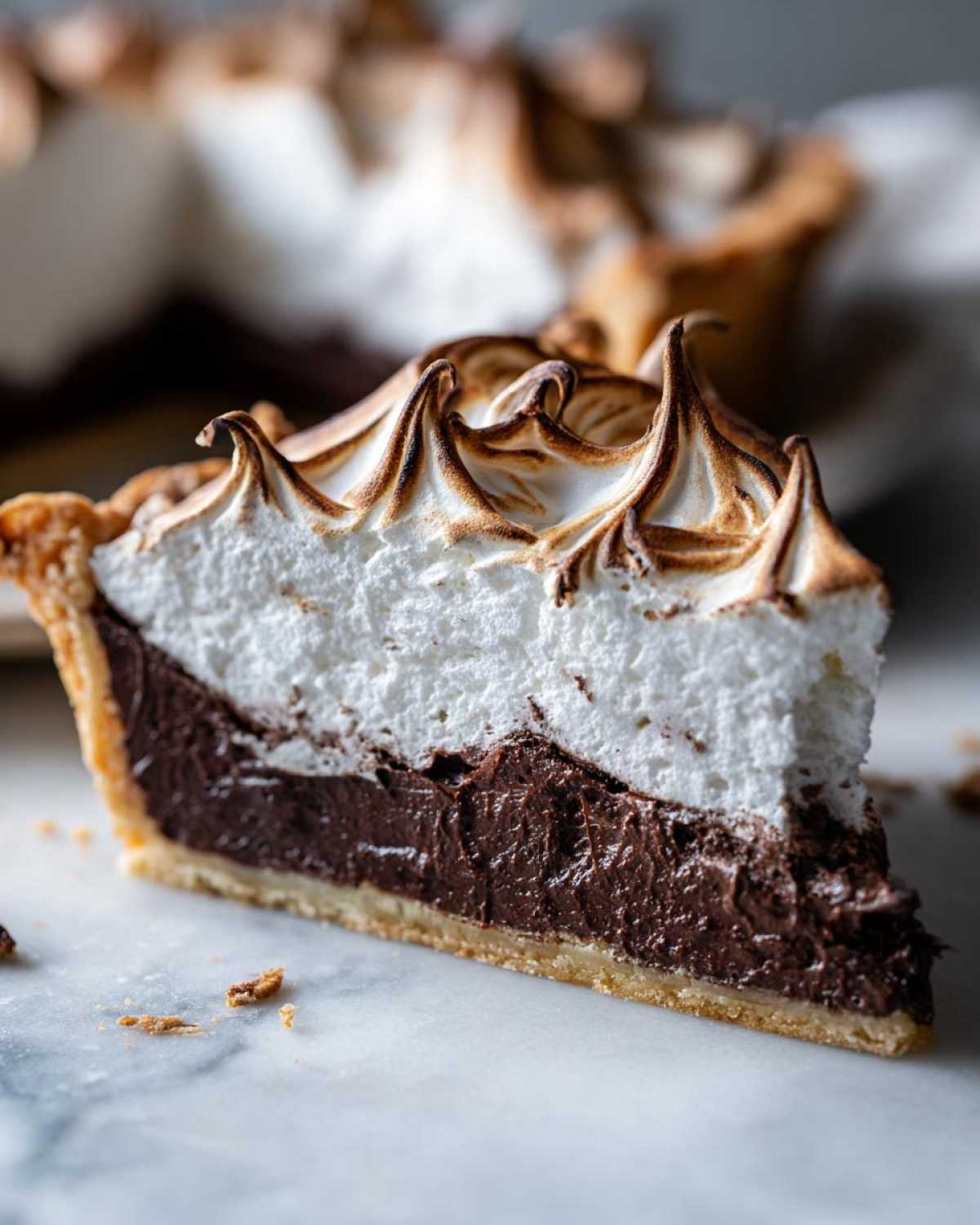 Close-up of a slice of chocolate meringue pie showing rich chocolate filling and tall, torched meringue peaks.