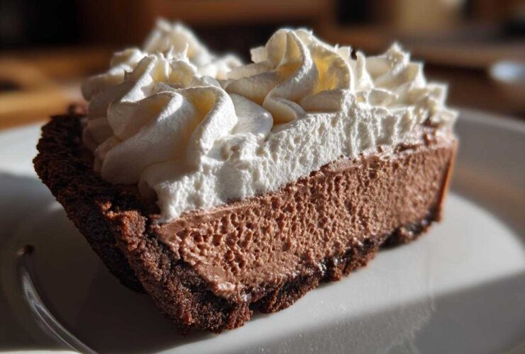 Close-up of a rich slice of chocolate mousse pie with a dark crust and generous topping of white whipped cream.