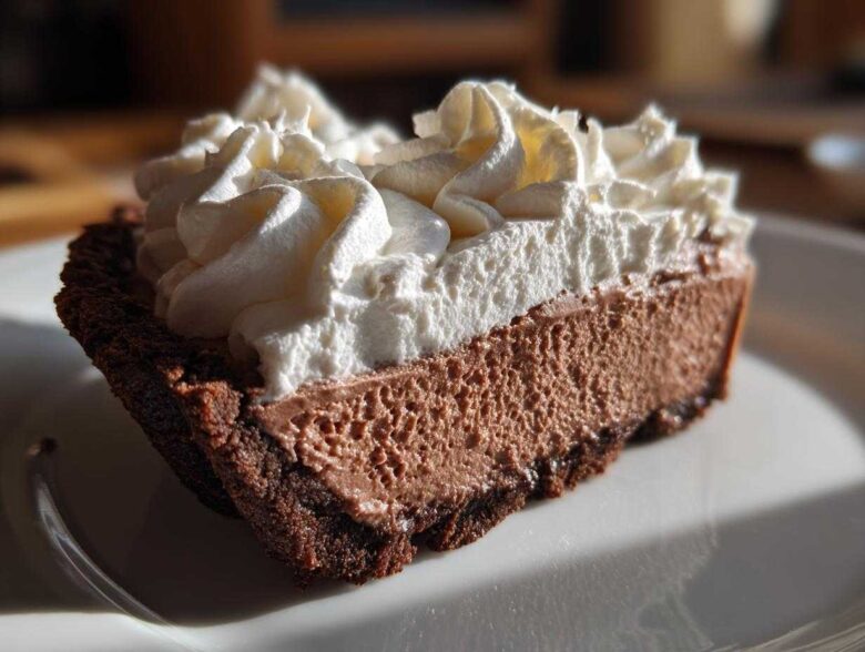 Close-up of a rich slice of chocolate mousse pie with a dark crust and generous topping of white whipped cream.