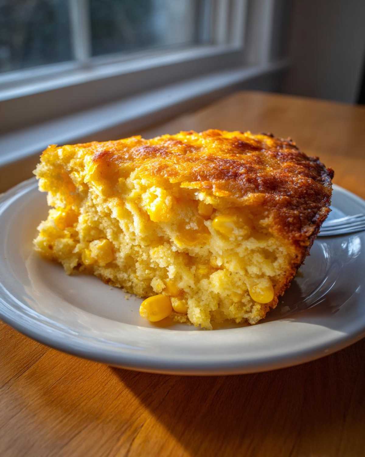 A thick slice of moist cornbread casserole studded with whole corn kernels on a white plate.