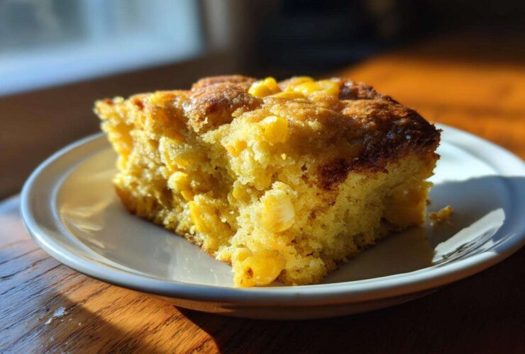 A golden slice of moist cornbread casserole studded with whole corn kernels, served on a white plate.